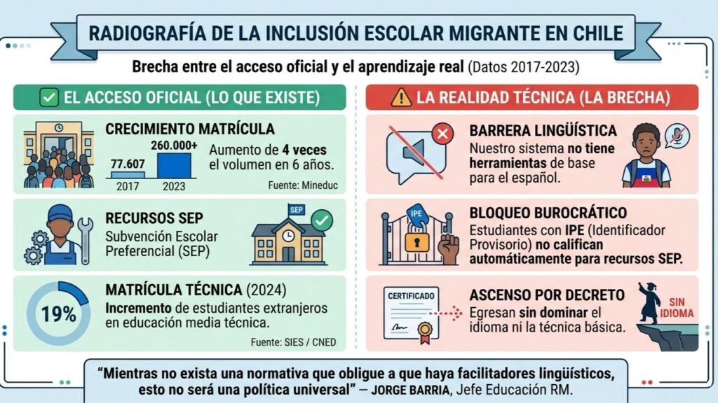 Infografía titulada "Radiografía de la inclusión escolar migrante en Chile", que detalla la brecha entre el acceso oficial y el aprendizaje real con datos de 2017 a 2024.