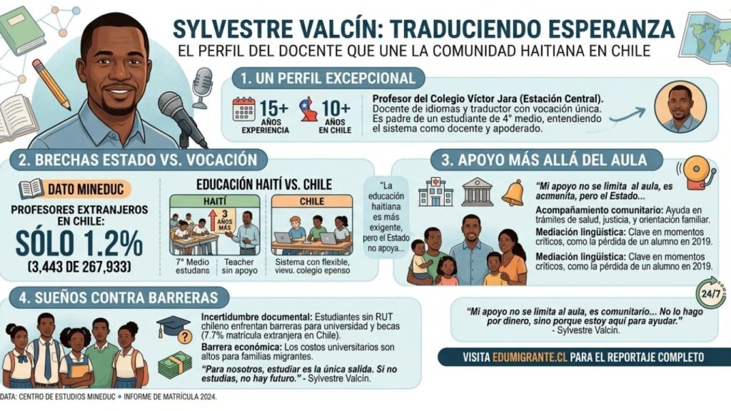 Infografía sobre la inclusión de estudiantes haitianos en Chile a través del perfil del profesor Sylvestre Valcín. Muestra datos del Mineduc sobre el bajo porcentaje de docentes extranjeros (1,2%), la comparación entre los sistemas educativos de Chile y Haití, y los desafíos de la barrera idiomática en Estación Central.