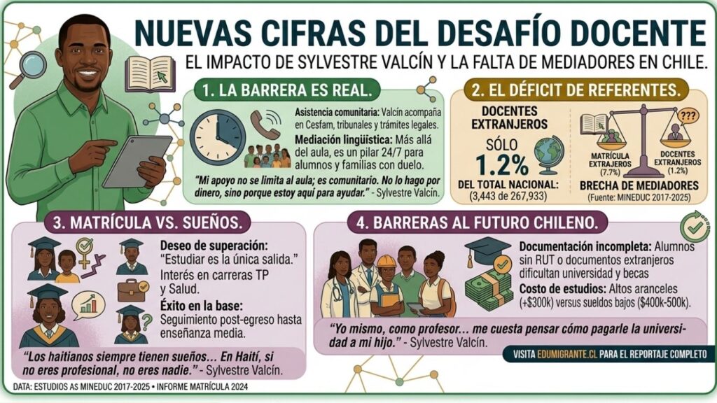 Infografía sobre los desafíos de la inclusión de estudiantes haitianos en Chile. Presenta estadísticas del Mineduc (2017-2025) que muestran que solo el 1,2% de los docentes en Chile son extranjeros frente a una matrícula migrante del 7,7%. Incluye el testimonio de Sylvestre Valcín sobre su rol como mediador 24/7 en salud y justicia, y detalla las barreras económicas y documentales para que jóvenes haitianos accedan a la universidad en Chile.