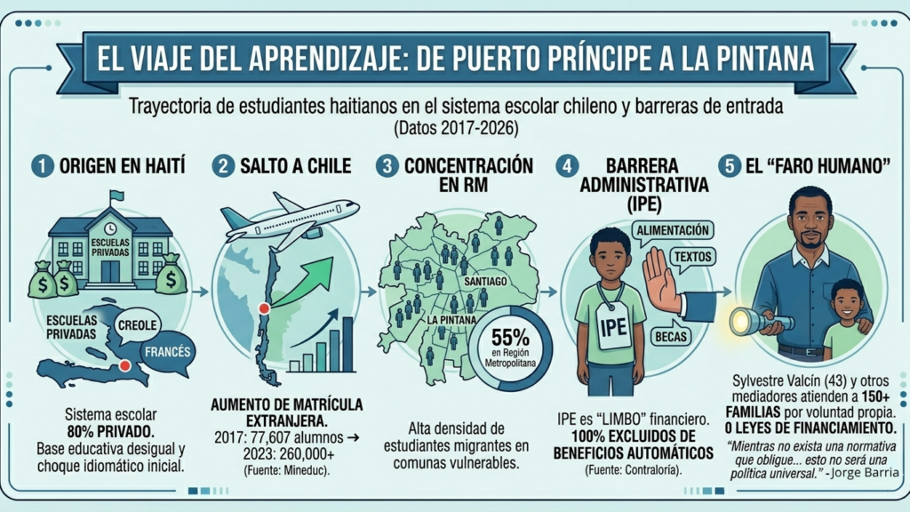 "El Viaje del Aprendizaje: De Puerto Príncipe a La Pintana", que ilustra la trayectoria y barreras de estudiantes haitianos en Chile (2017-2026). El gráfico presenta cinco etapas clave.